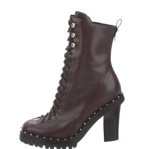 VALENTINO Leather Lace-Up Boots Chunky Heel Burgundy